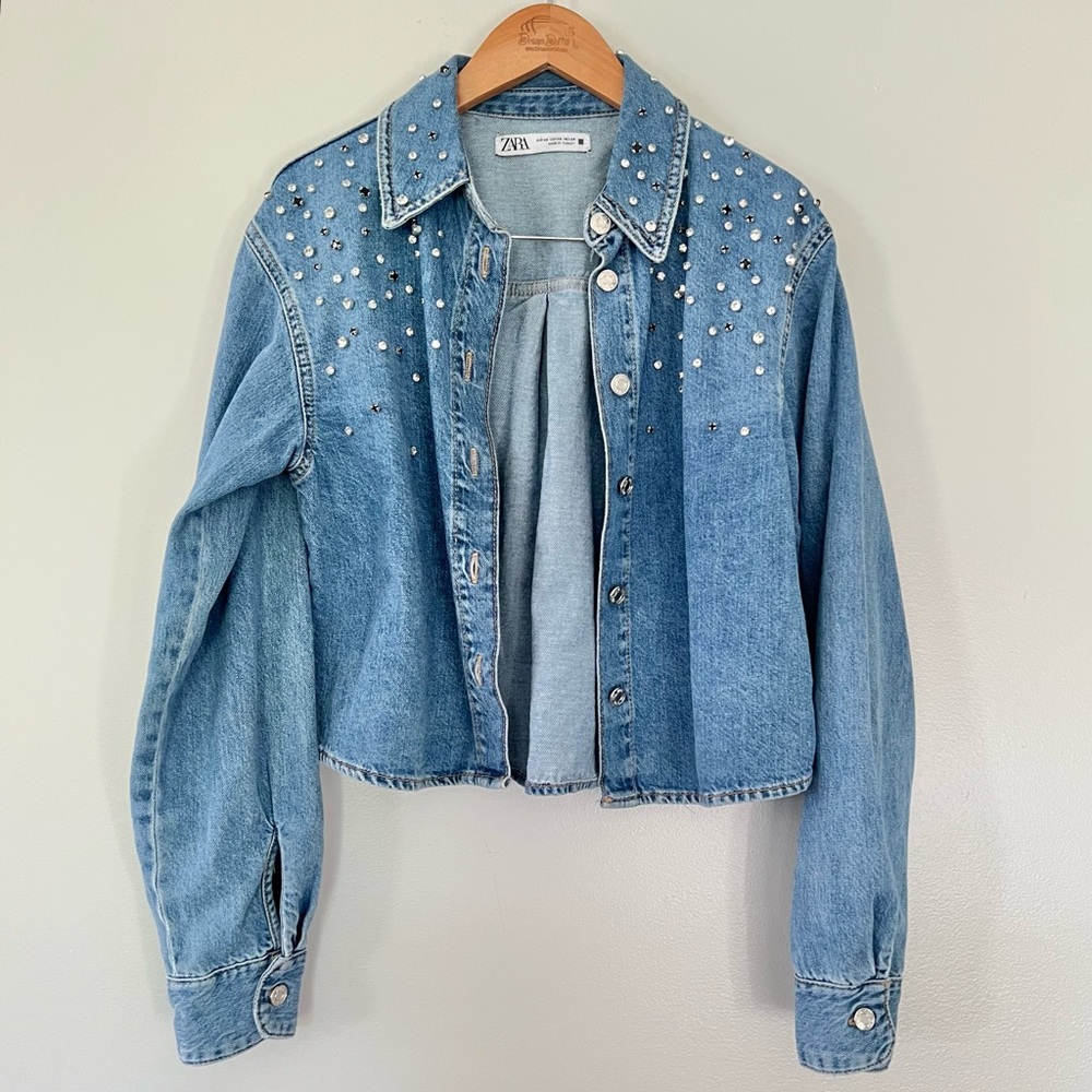 Zara Demin Rhinestone Button Down Shirt Jean Jacket Embellished Long Sleeve - Picture 4 of 10